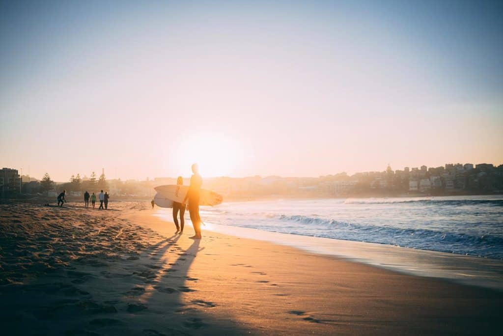 bondi beach surfing sunset